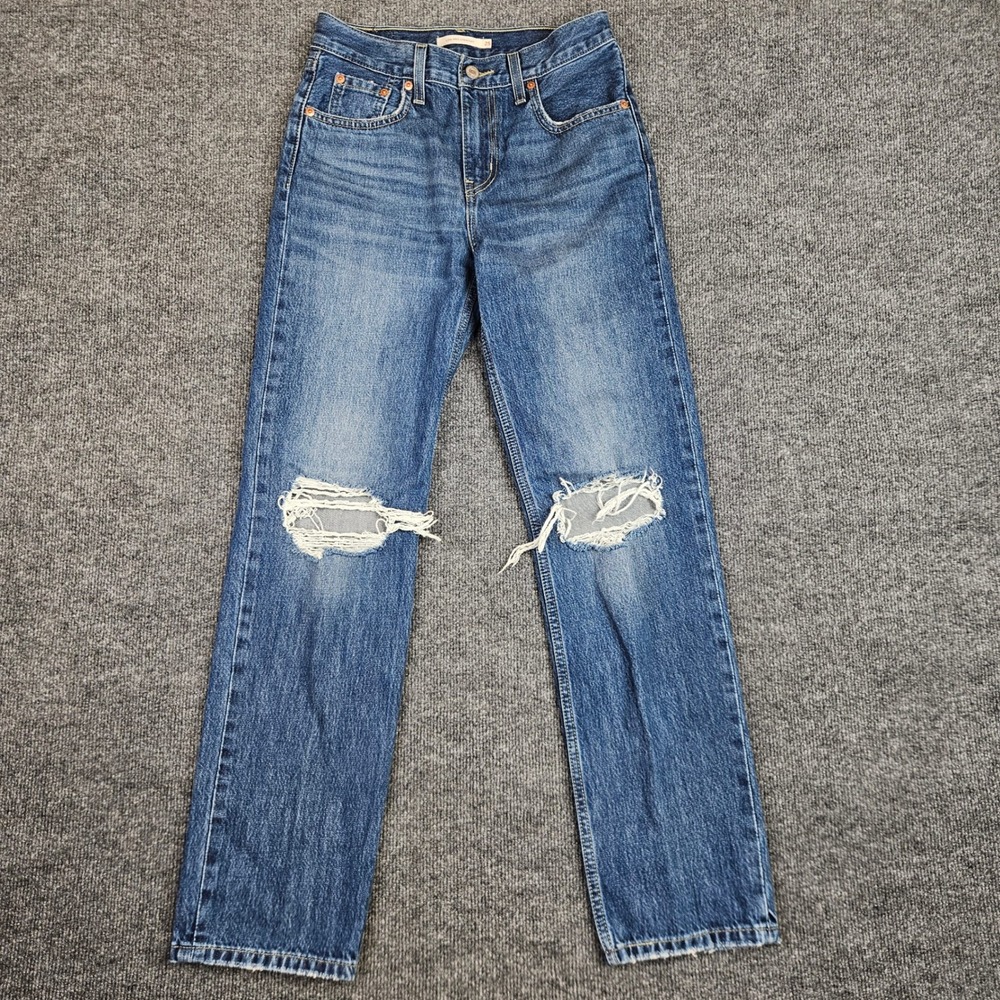 Levis Low Pro Straight Jeans Women's 25 Mid Rise Dark Wash Denim Distressed Blue